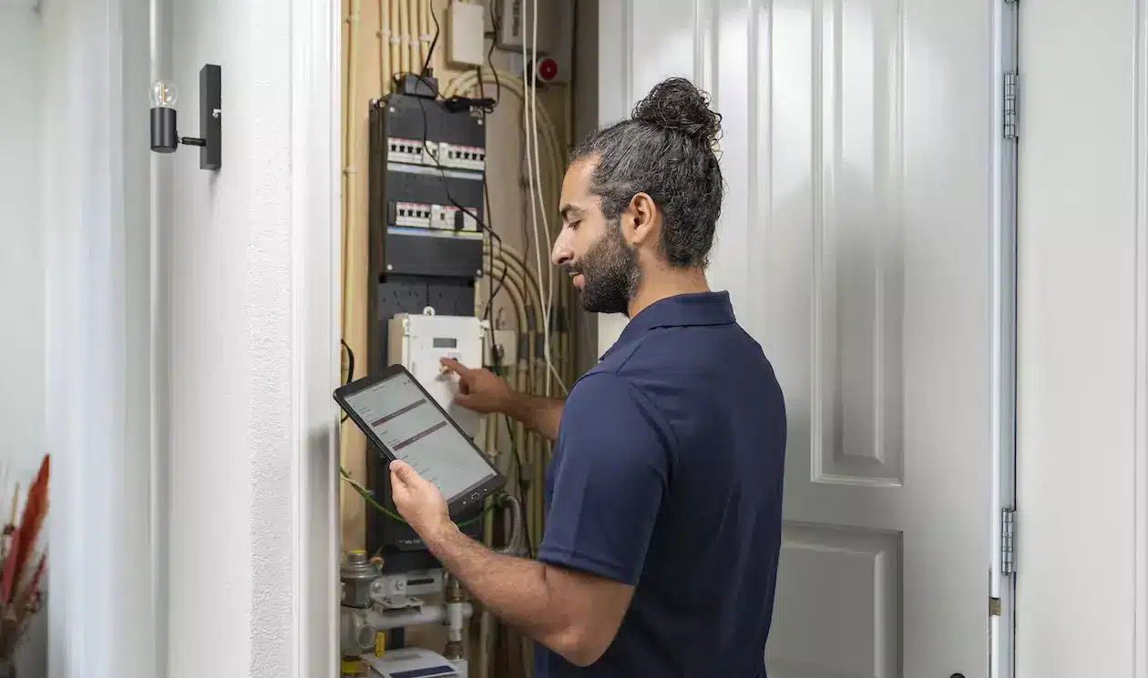 Monteur die energie meterstanden opneemt