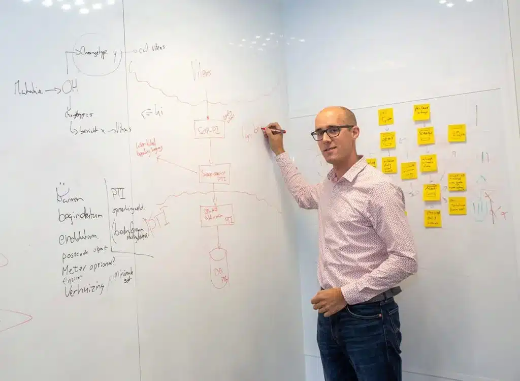 man die wat opschrijft op een whiteboard