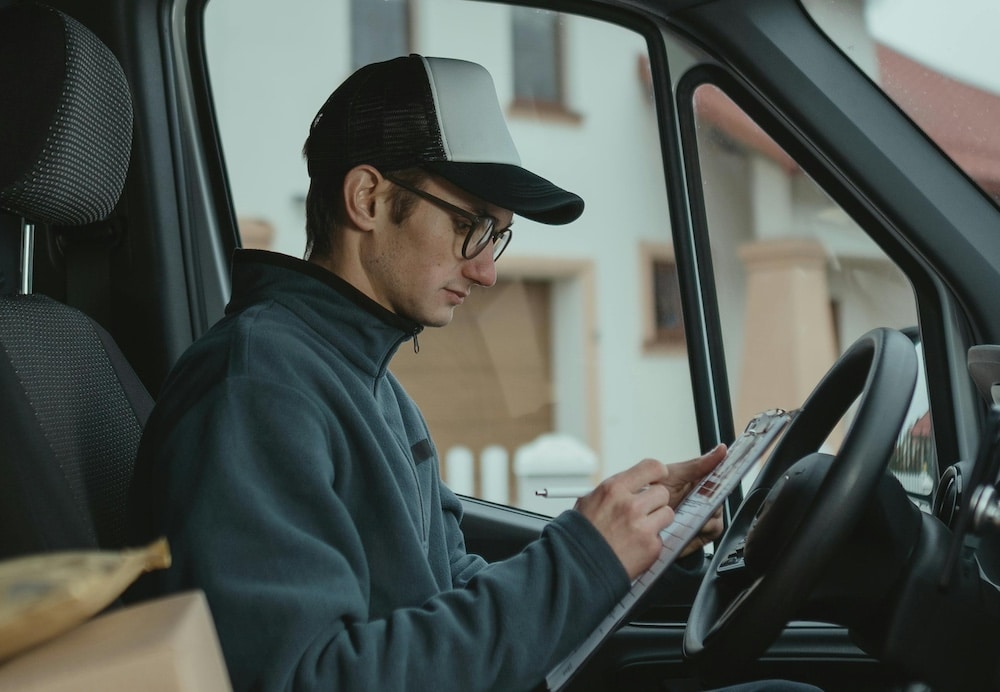 pakketbezorger in zijn bus met zijn mobiel vast