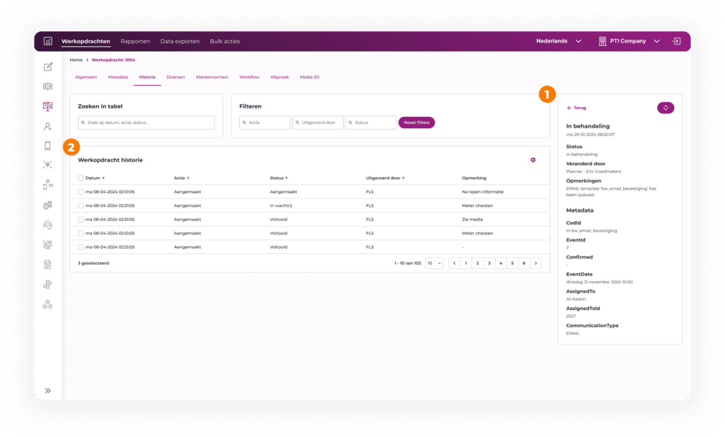 historie opdrachten van workorder tool in PTI software